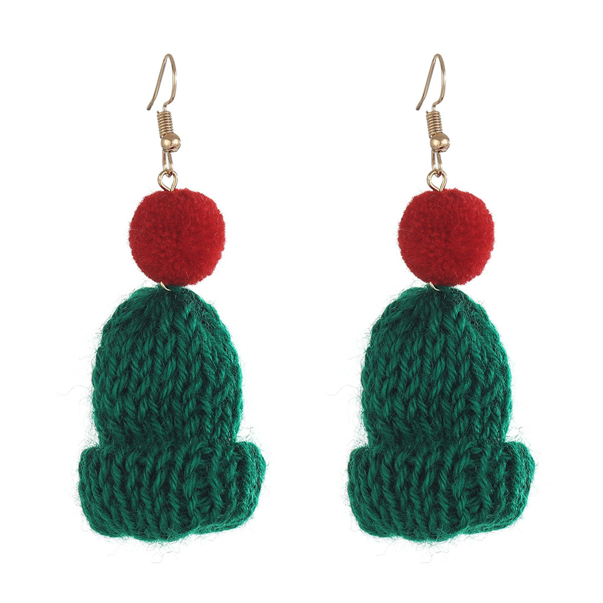 Green and Red Wool and 18K Gold-Plated Hat Drop Earrings, gold drop earrings for women, dainty minimalist design, styled look