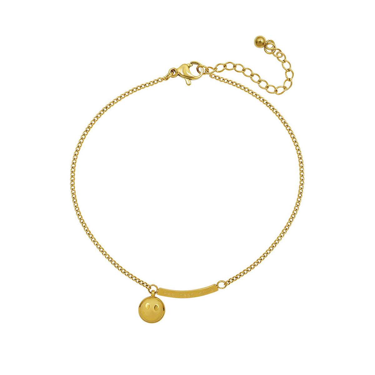 Delightful 18K gold-plated anklet featuring a curved bar and a smiley charm, a perfect accessory for a cheerful vibe.