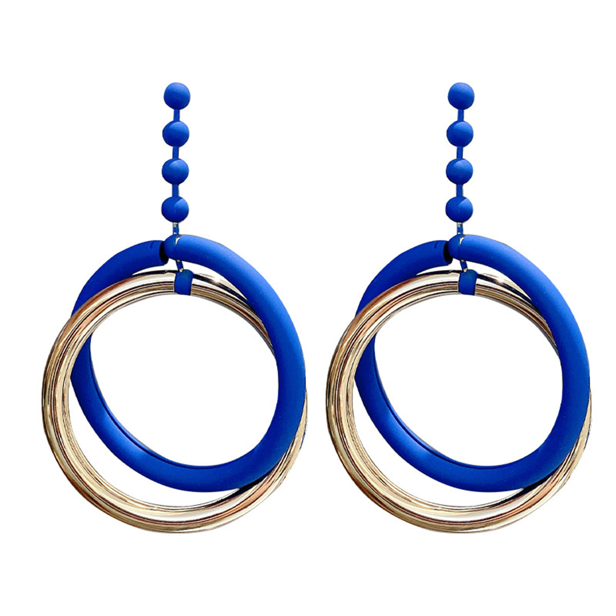 Blue Enamel and 18K Gold-Plated Bead Interlocked Dangle Earring, gold drop earrings for women, everyday style, front view