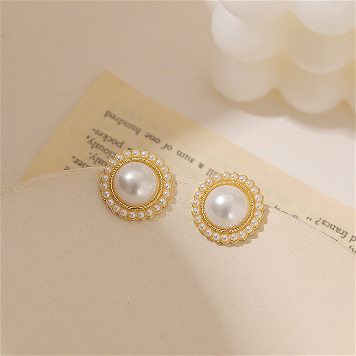 Pearl & 18K Gold-Plated Halo Round Stud Earrings