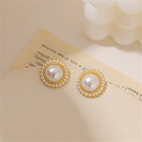 Pearl & 18k Gold-Plated Halo Round Stud Earrings