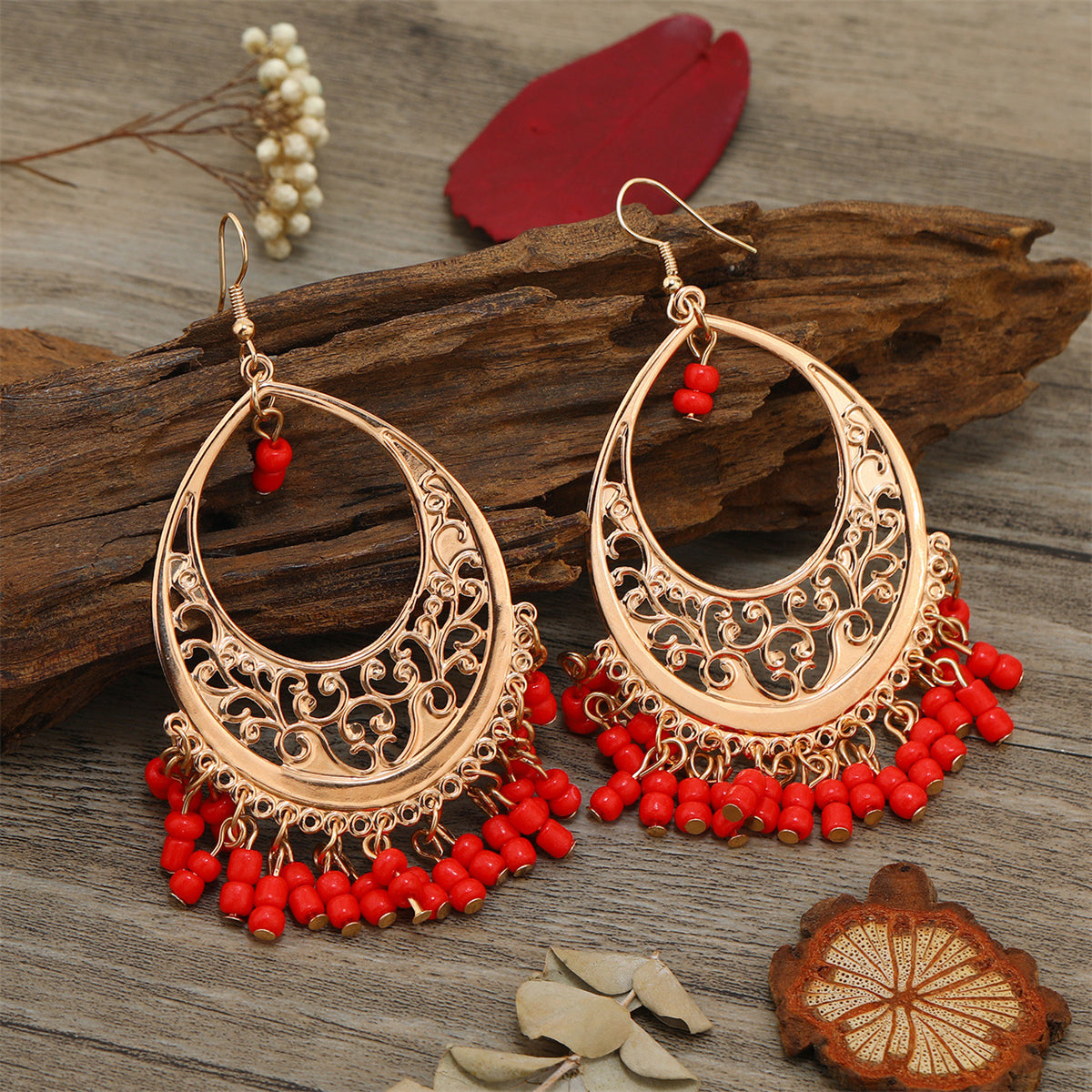 Red Turquoise and 18K Gold-Plated Openwork Filigree Drop Earrings, gold drop earrings for women, side view