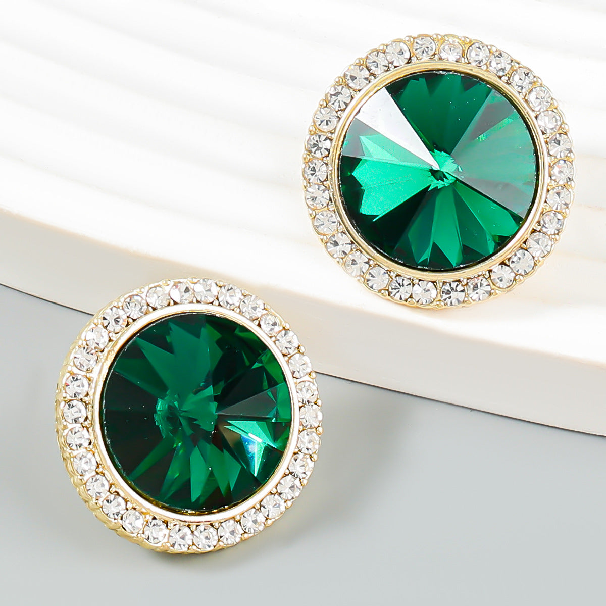 Green Crystal and Cubic Zirconia 18K Gold-Plated Hola Stud Earrings, gold stud earrings for women, side view