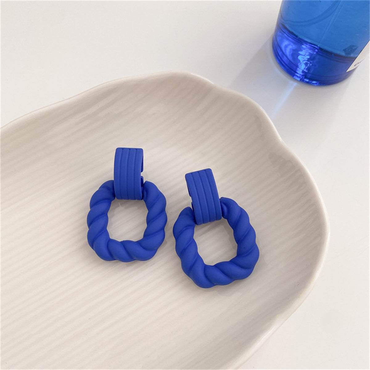 Blue Resin and Silver-Plated Twine Square Drop Earrings, silver drop earrings for women, botanical inspired, styled look