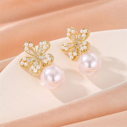 Pearl and Cubic Zirconia 18K Gold-Plated Floral Baguette-Cut Drop Earrings, gold drop earrings for women, front view