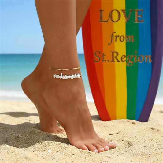 White Turqouise & Acrylic Irregular Beads Stretch Anklet Set - Street Region