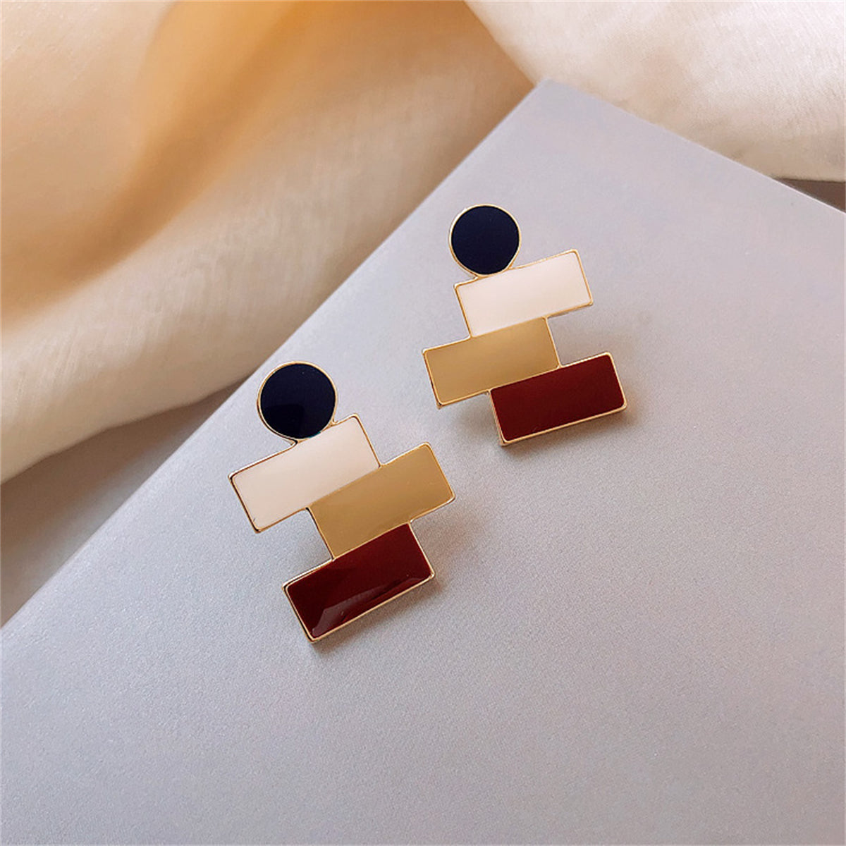 Tan & 18K Gold-Plated Geometric Stud Earrings