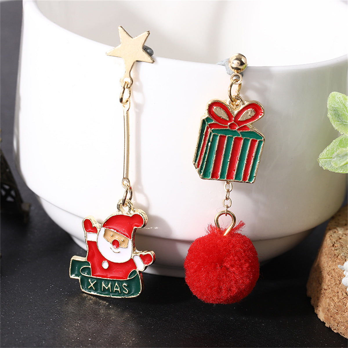 Red and 18K Gold-Plated Santa Gift Box Pom-Pom Mismatch Drop Earrings, gold drop earrings for women, detail close-up
