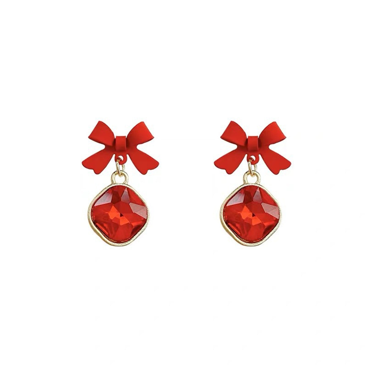 Red Crystal and 18K Gold-Plated Bow Diamond Drop Earrings, gold drop earrings for women, lifestyle look