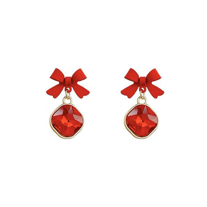 Red Crystal and 18K Gold-Plated Bow Diamond Drop Earrings, gold drop earrings for women, lifestyle look