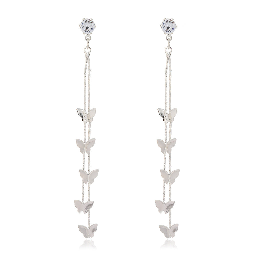 Cubic Zirconia & Silver-Plated Butterfly Double-Strand Drop Earrings