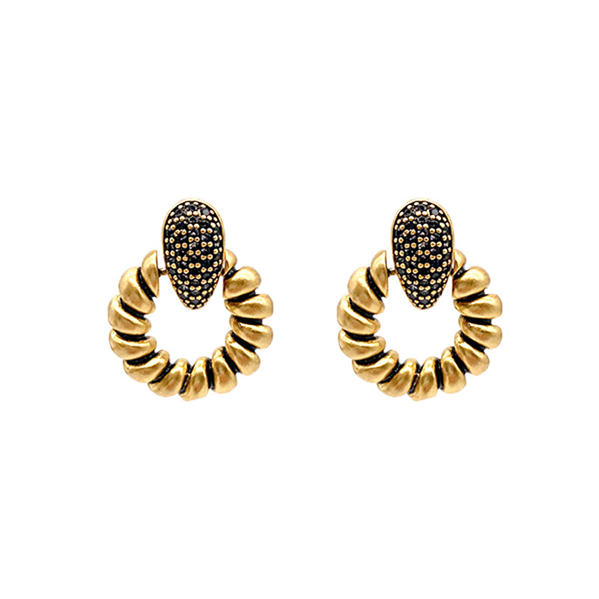 Black Cubic Zirconia and 18K Gold-Plated Twisted Circle Earrings, gold drop earrings for women, everyday style, front view