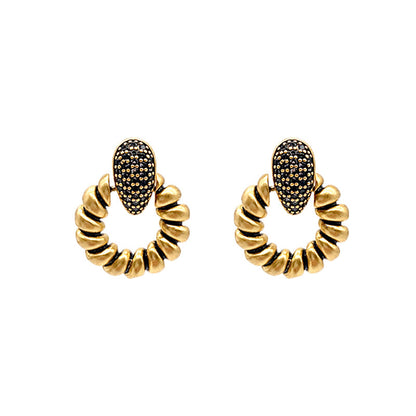 Black Cubic Zirconia and 18K Gold-Plated Twisted Circle Earrings, gold drop earrings for women, everyday style, front view
