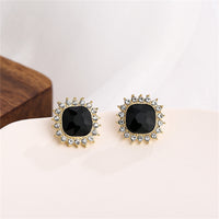 Black Crystal & 18k Gold-Plated Square Halo Stud Earrings