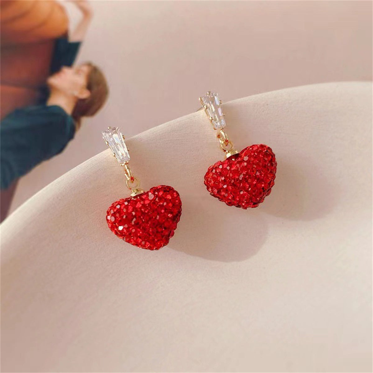 Red Cubic Zirconia and Crystal 18K Gold-Plated Heart Drop Earrings, gold drop earrings for women, side view