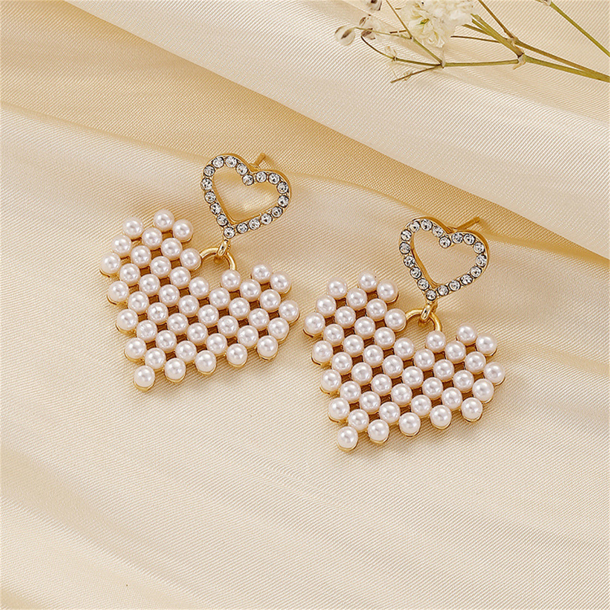Cubic Zirconia & Pearl 18K Gold-Plated Crochet Heart Drop Earrings