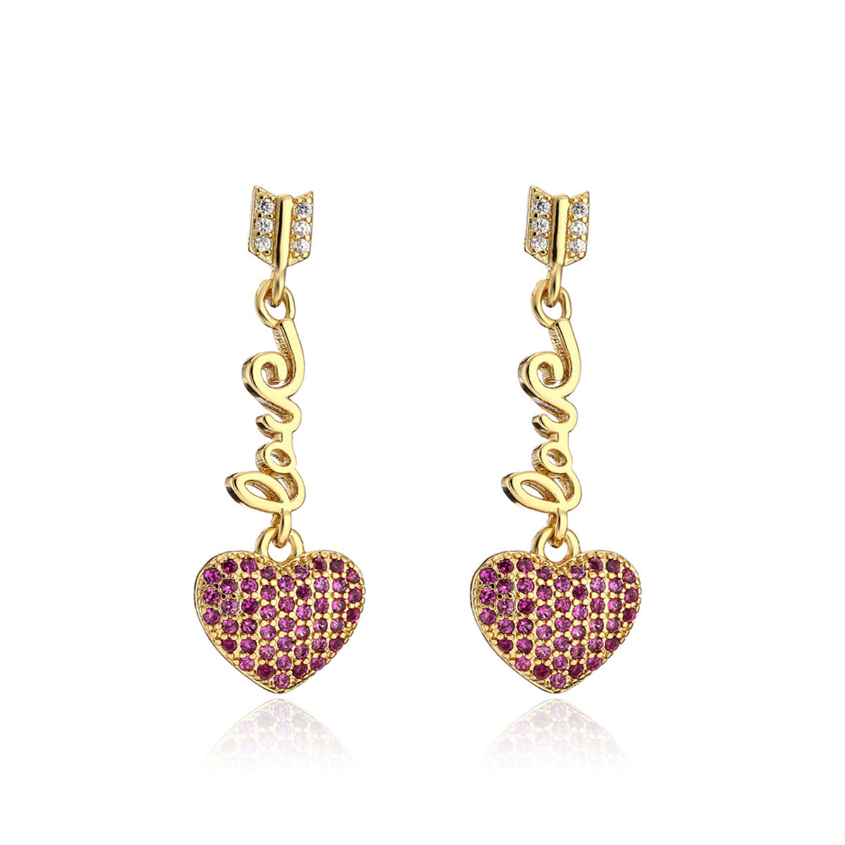 Red Cubic Zirconia and 18K Gold-Plated 'LOVE' Heart Drop Earrings, gold drop earrings for women, side view