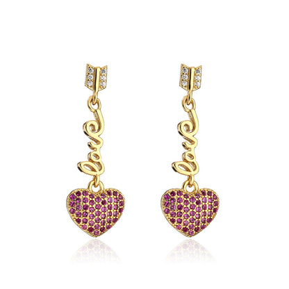 Red Cubic Zirconia and 18K Gold-Plated 'LOVE' Heart Drop Earrings, gold drop earrings for women, side view