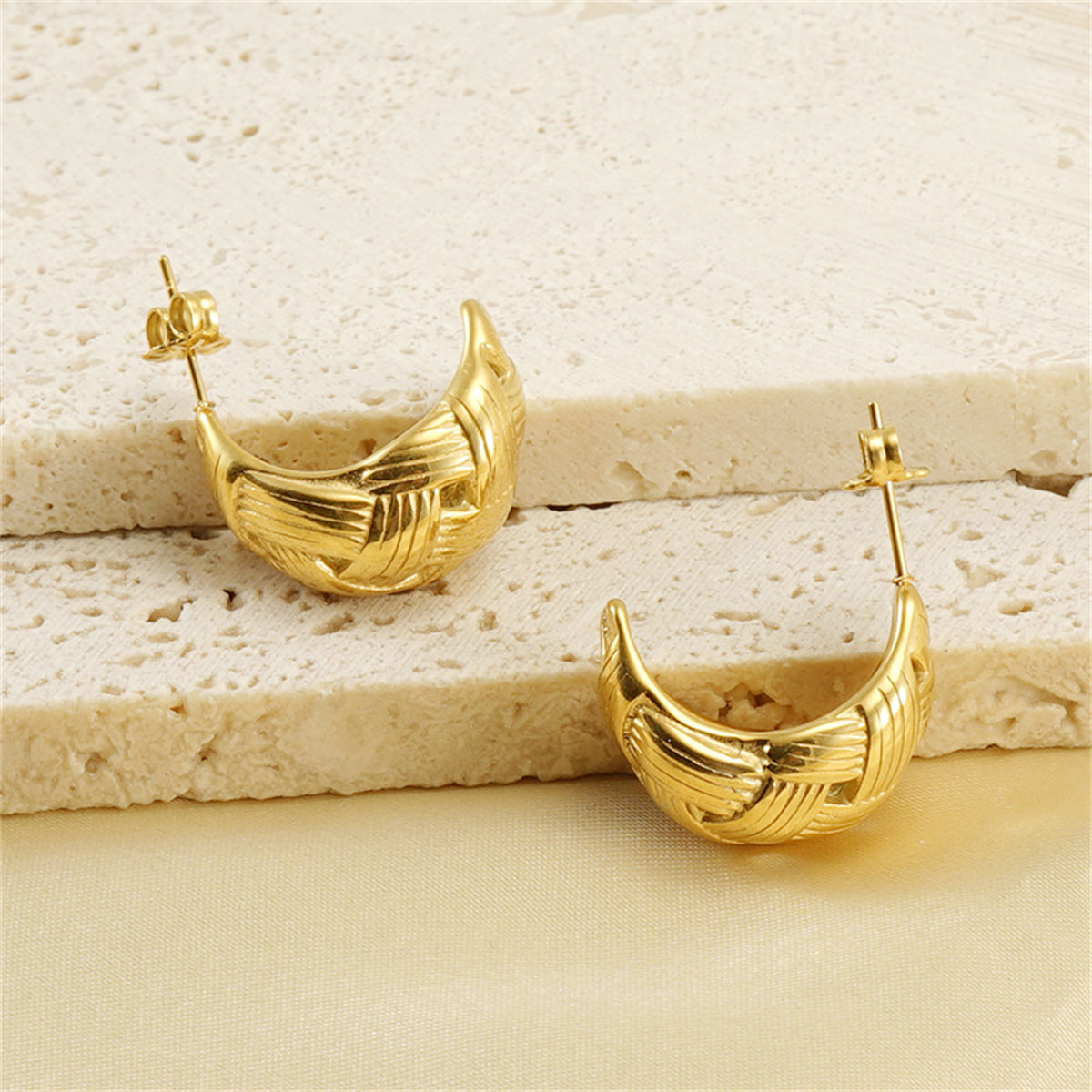 18K Gold-Plated Weave-Accent Huggie Earrings, gold huggie earrings, vintage-inspired design, detail close-up