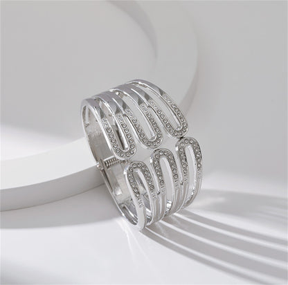 Cubic Zirconia and Silver-Plated Pin Layered Bangle, silver bangle bracelet, everyday style, styled look
