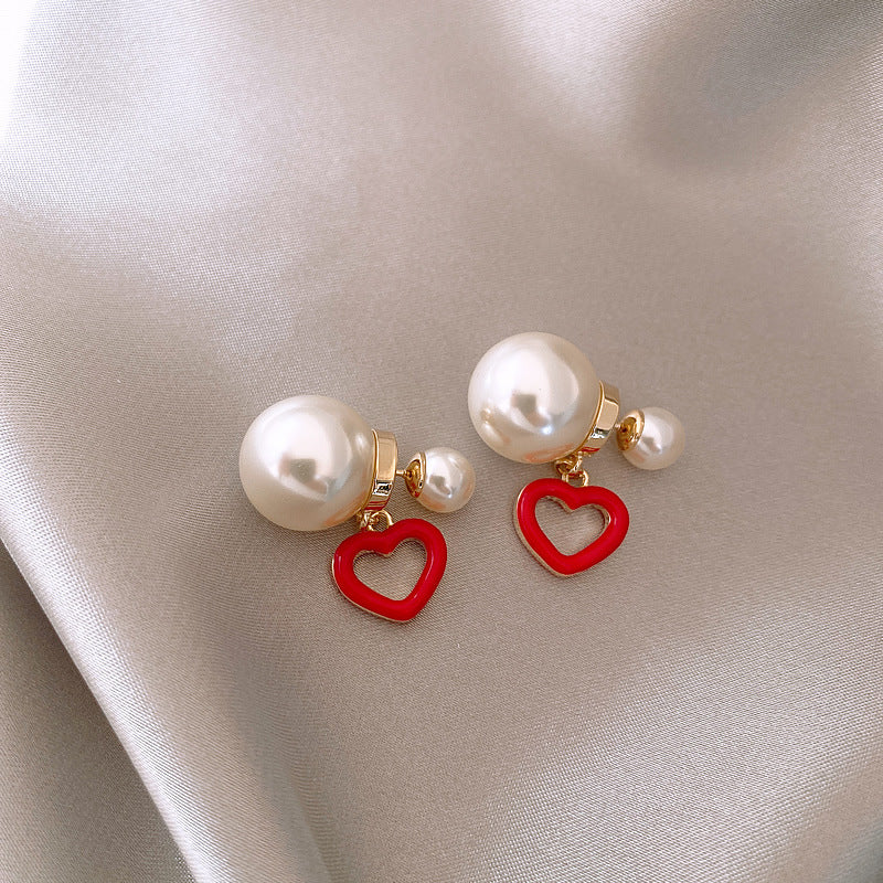 Red and Pearl Heart Ear Jackets, drop earrings for women, botanical inspired, lifestyle look