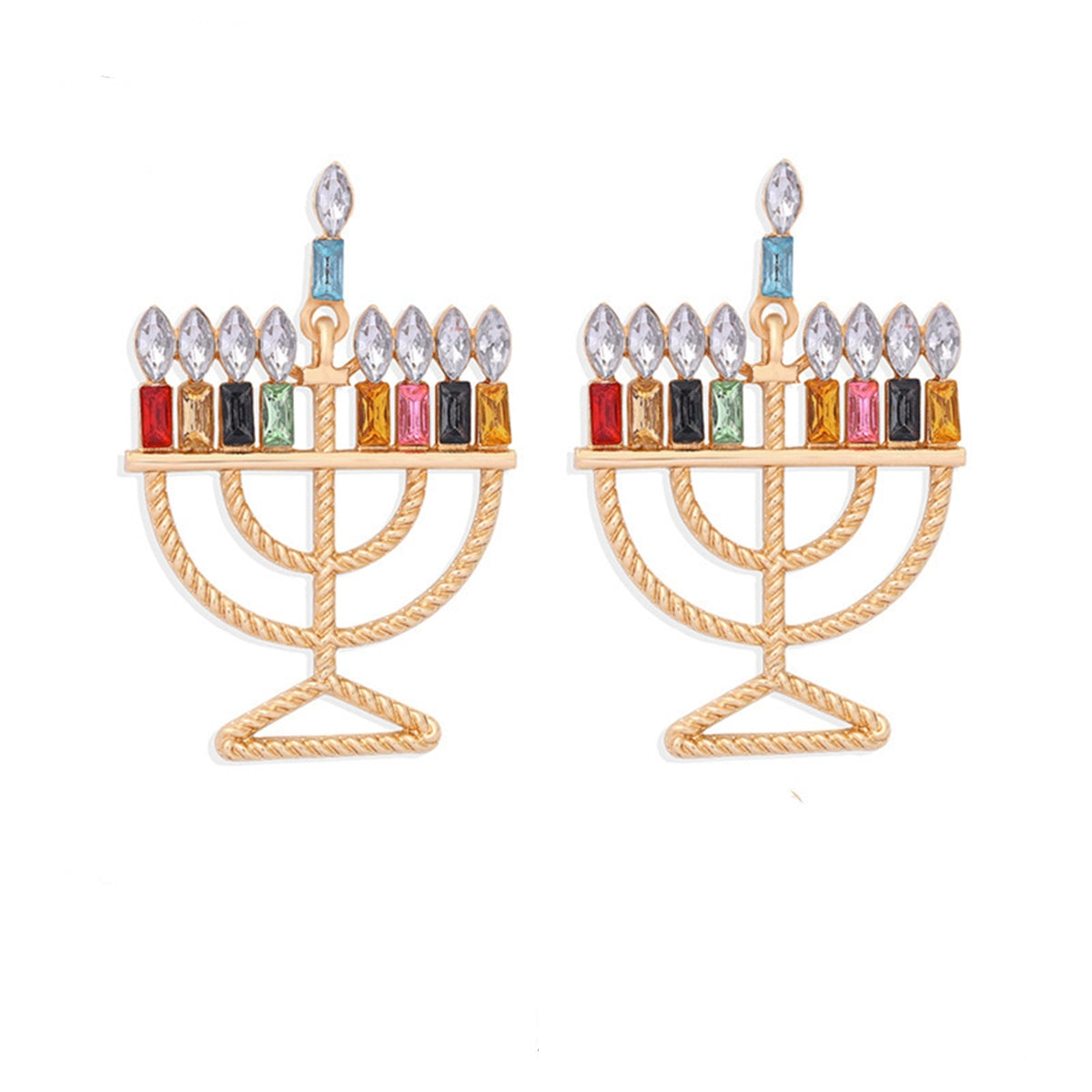 Crystal and 18K Gold-Plated Menorah Drop Earrings, gold drop earrings for women, everyday style, lifestyle look