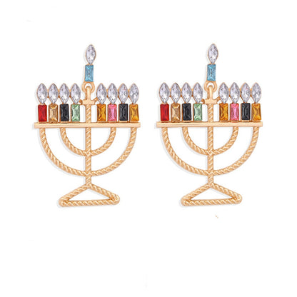 Crystal and 18K Gold-Plated Menorah Drop Earrings, gold drop earrings for women, everyday style, lifestyle look