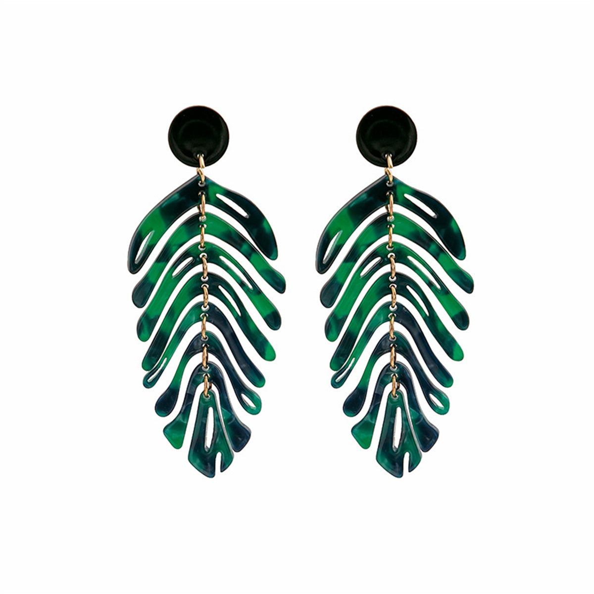 Blue and Green Leaf Drop Earrings, drop earrings for women, everyday style, detail close-up