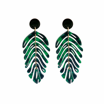 Blue and Green Leaf Drop Earrings, drop earrings for women, everyday style, detail close-up