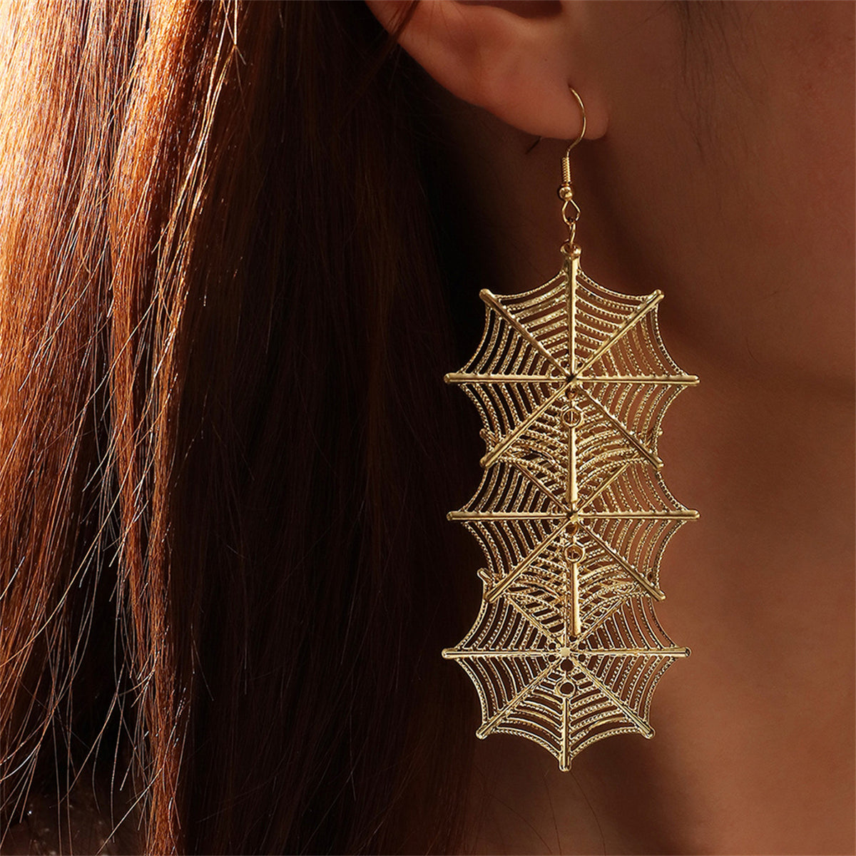18K Gold-Plated Linked Spider Web Drop Earrings, gold drop earrings for women, dainty minimalist design, detail close-up