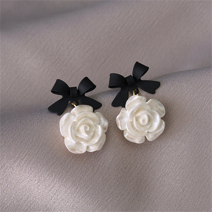 Black Enamel and Resin 18K Gold-Plated Bow Flower Drop Earrings, gold drop earrings for women, lifestyle look