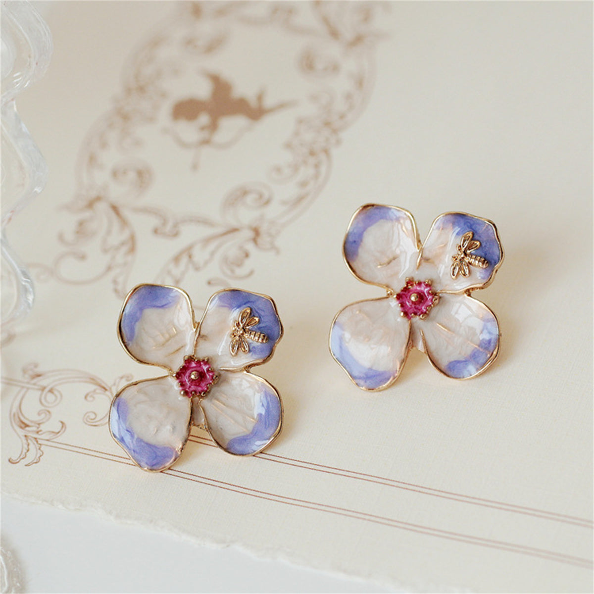 Purple Enamel and 18K Gold-Plated Bee Flower Stud Earrings, gold stud earrings for women, styled look