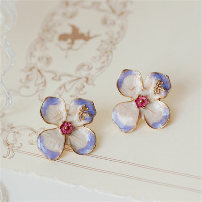 Purple Enamel and 18K Gold-Plated Bee Flower Stud Earrings, gold stud earrings for women, styled look