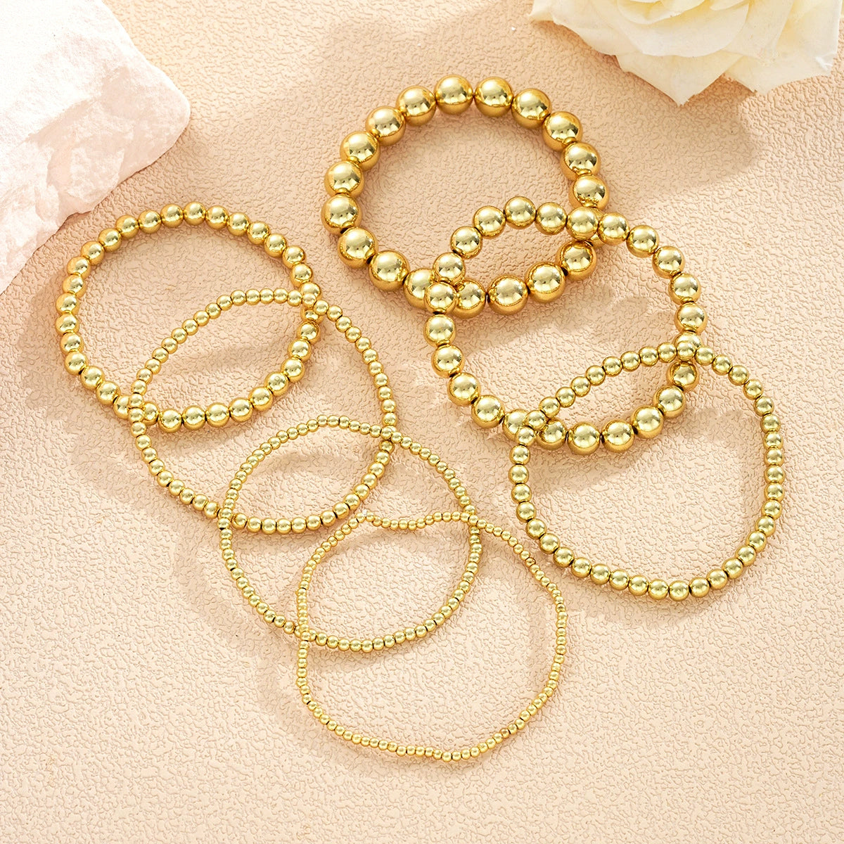 18K Gold-Plated Beaded Stretch Bracelet Set, jewelry gift sets for women, everyday style, detail close-up