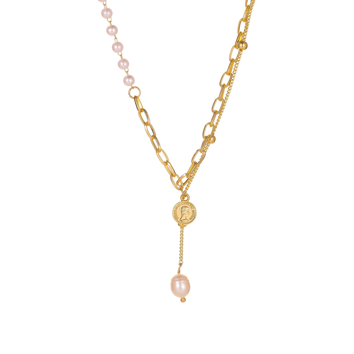 Stylish gold chain necklace with a pearl and an 18K gold-plated coin charm, adding a luxurious touch to any ensemble.
