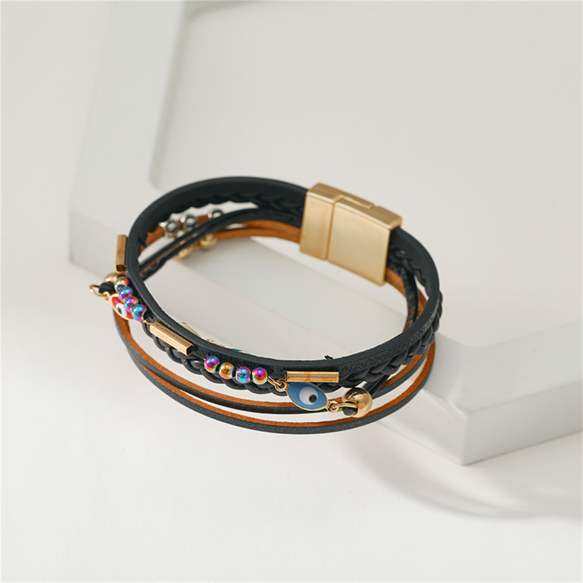 Black Polystyrene and 18K Gold-Plated Evil Eye Multistrand Cuff, gold bracelet for women, front view
