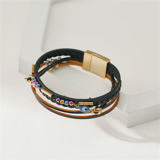 Black Polystyrene and 18K Gold-Plated Evil Eye Multistrand Cuff, gold bracelet for women, front view