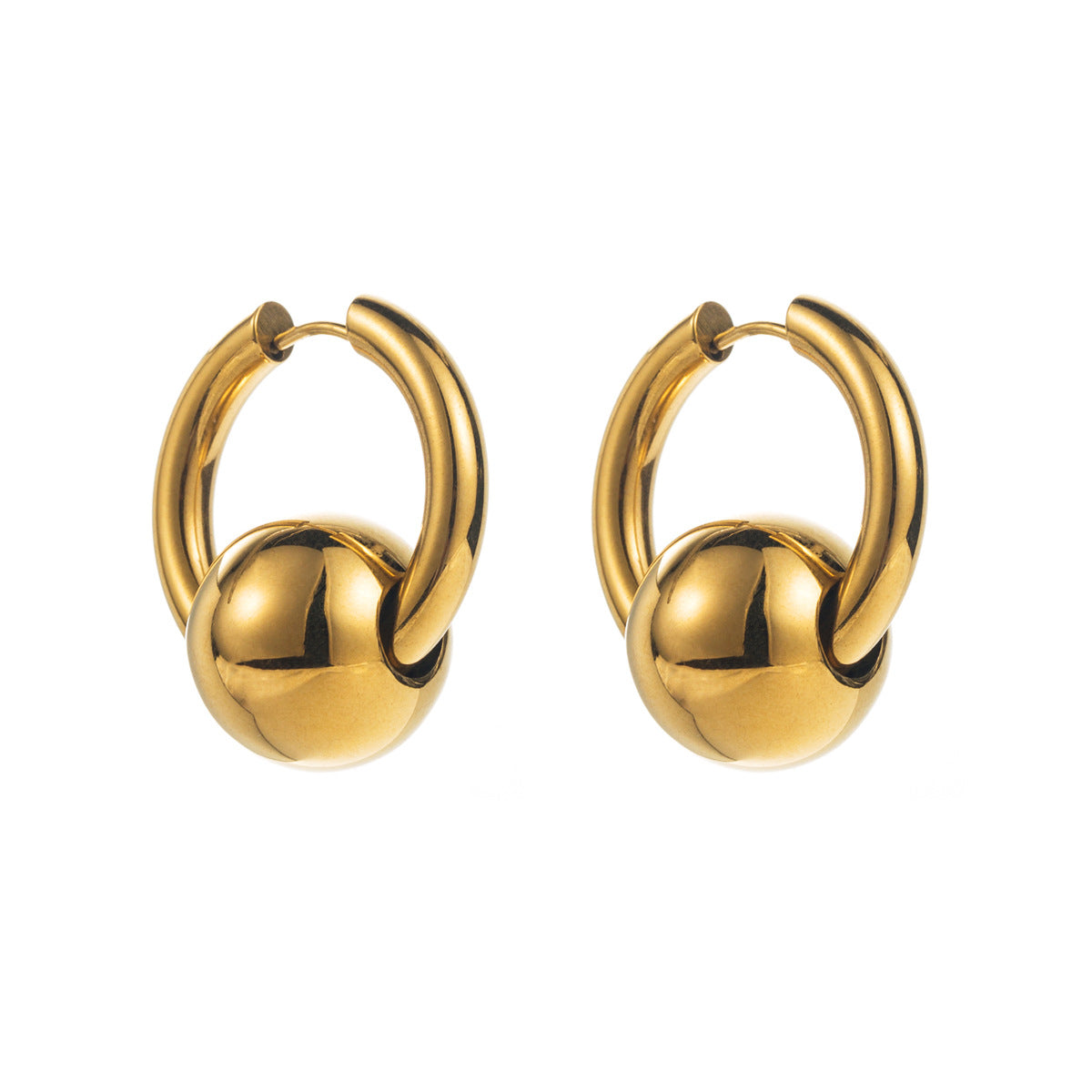 Chic 18K gold-plated ball earrings, designed to elevate your style with their stunning gold tone and modern huggie design.