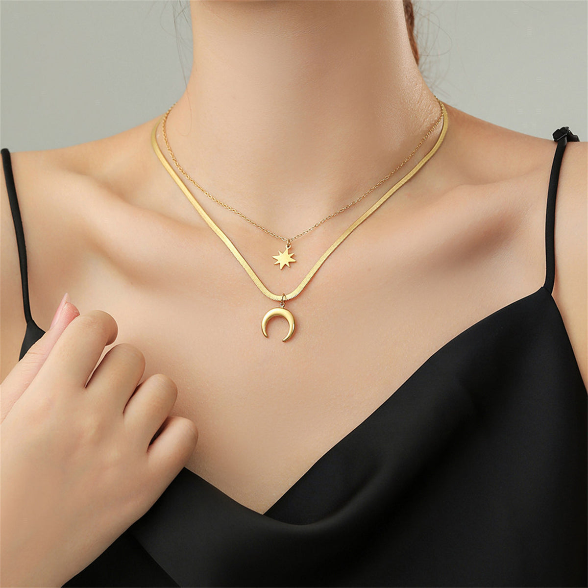 18K Gold-Plated Celestial Snake-Chain Layered Necklace, gold pendant necklace for women, elegant gift for her, styled look