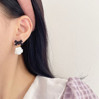 Black Enamel & Resin 18K Gold-Plated Bow Flower Drop Earrings