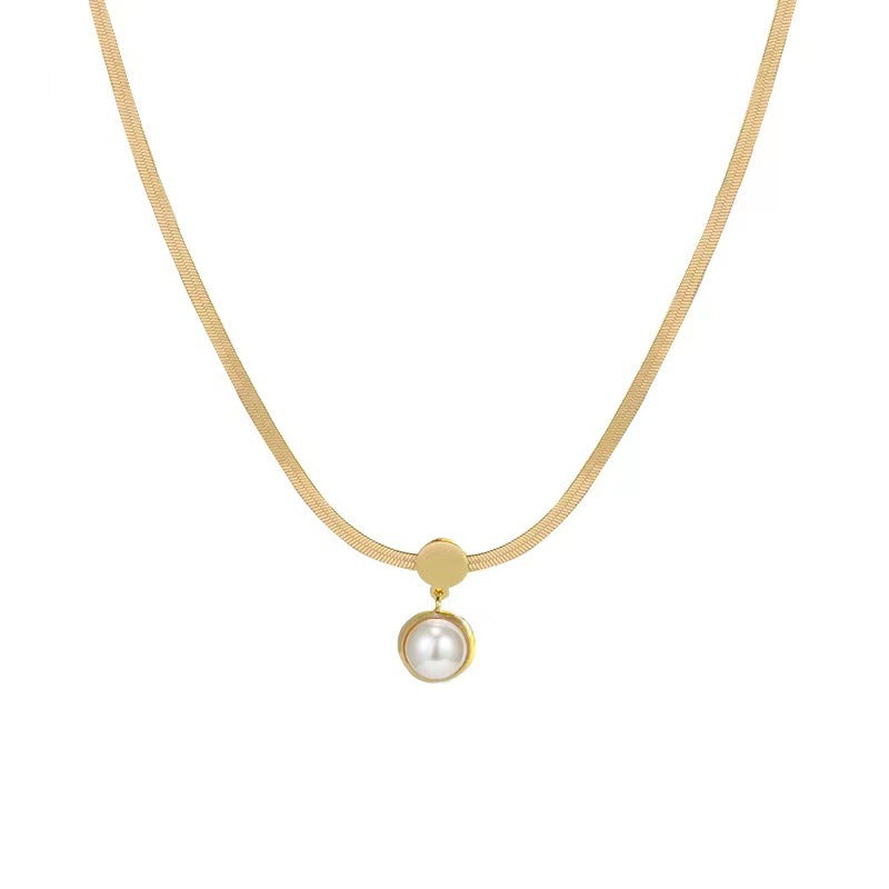 Fashionable gold necklace with a pearl, crafted on an 18K gold-plated snake chain.
