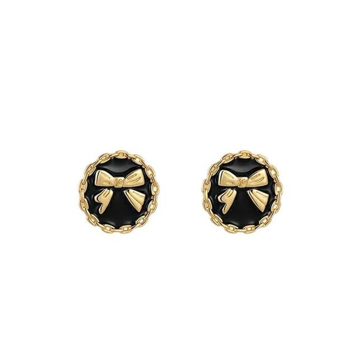 Black Enamel and 18K Gold-Plated Bow Round Stud Earring, gold stud earrings for women, detail close-up