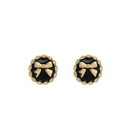 Black Enamel and 18K Gold-Plated Bow Round Stud Earring, gold stud earrings for women, detail close-up