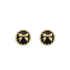 Black Enamel & 18K Gold-Plated Bow Round Stud Earring