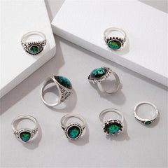 Black & Silver-Plated Long Oval Ring Set