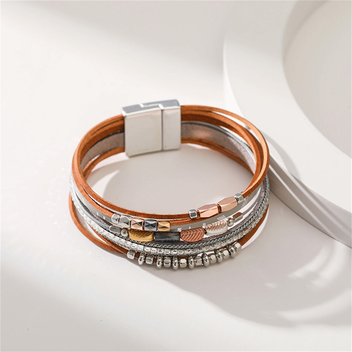 Gray Polystyrene and Silver-Plated Cubic Zirconia-Accent Leaves Layered Bracelet, silver bracelet for women, detail close-up