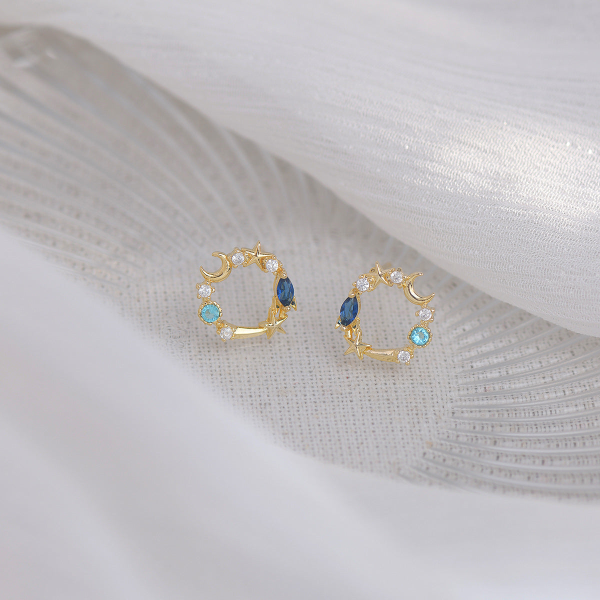 Blue Crystal & Cubic Zirconia 18K Gold-Plated Moon & Star Stud Earrings