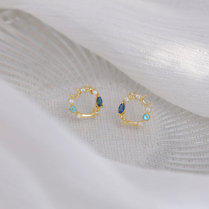 Blue Crystal & Cubic Zirconia 18K Gold-Plated Moon & Star Stud Earrings