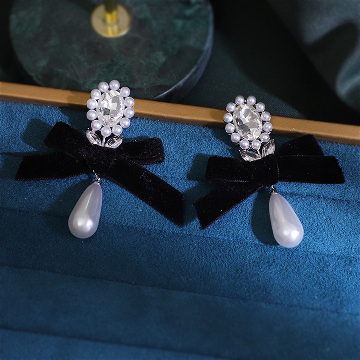Black Flocking and Crystal Pearl Silver-Plated Bow Drop Earrings, silver drop earrings for women, side view