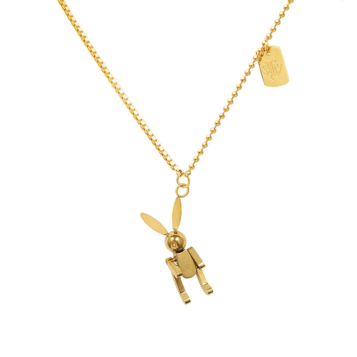18K Gold-Plated 'Luck' Rabbit Rectangle Pendant Necklace, gold pendant necklace for women, botanical inspired, front view